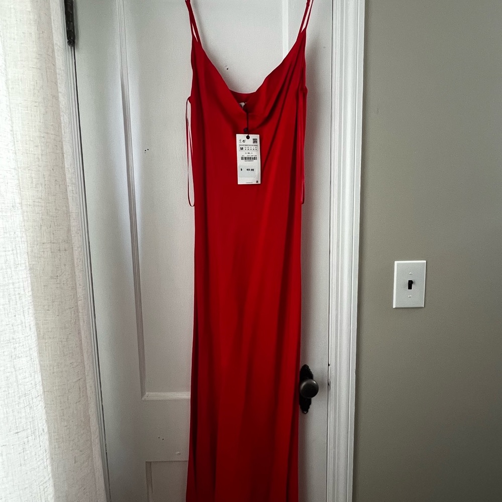 Zara Red Maxi Slip Dress with Spaghetti Straps